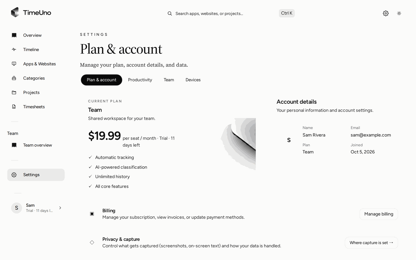 Plan & settings: the current plan, account details, and Billing with Manage billing