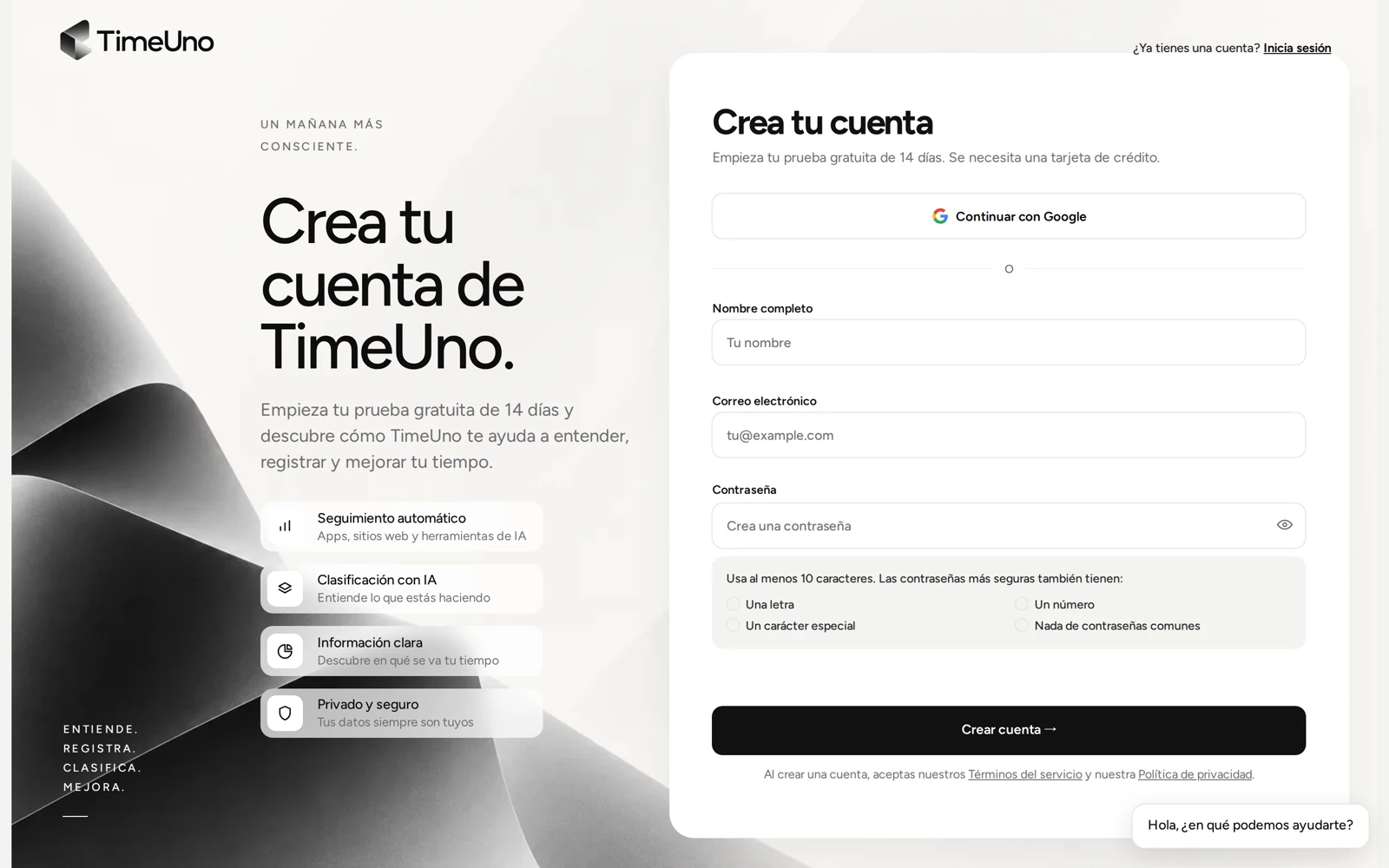 La página Crea tu cuenta, con Continuar con Google y los campos de nombre, correo electrónico y contraseña