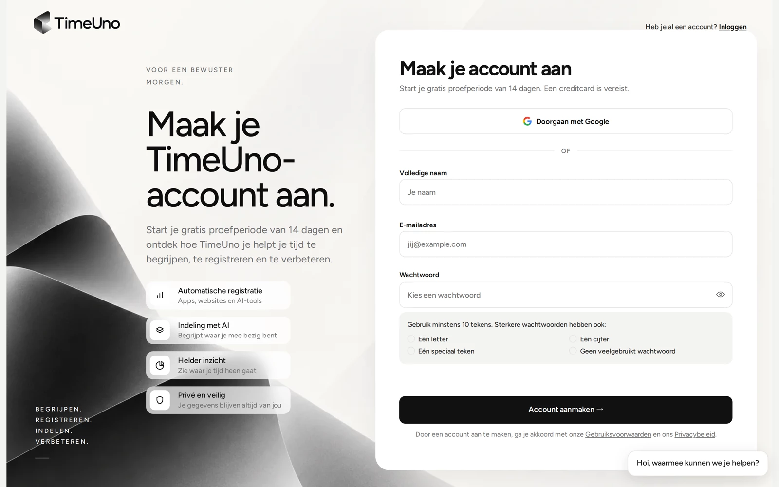 De pagina Account aanmaken, met Doorgaan met Google en velden voor naam, e-mailadres en wachtwoord