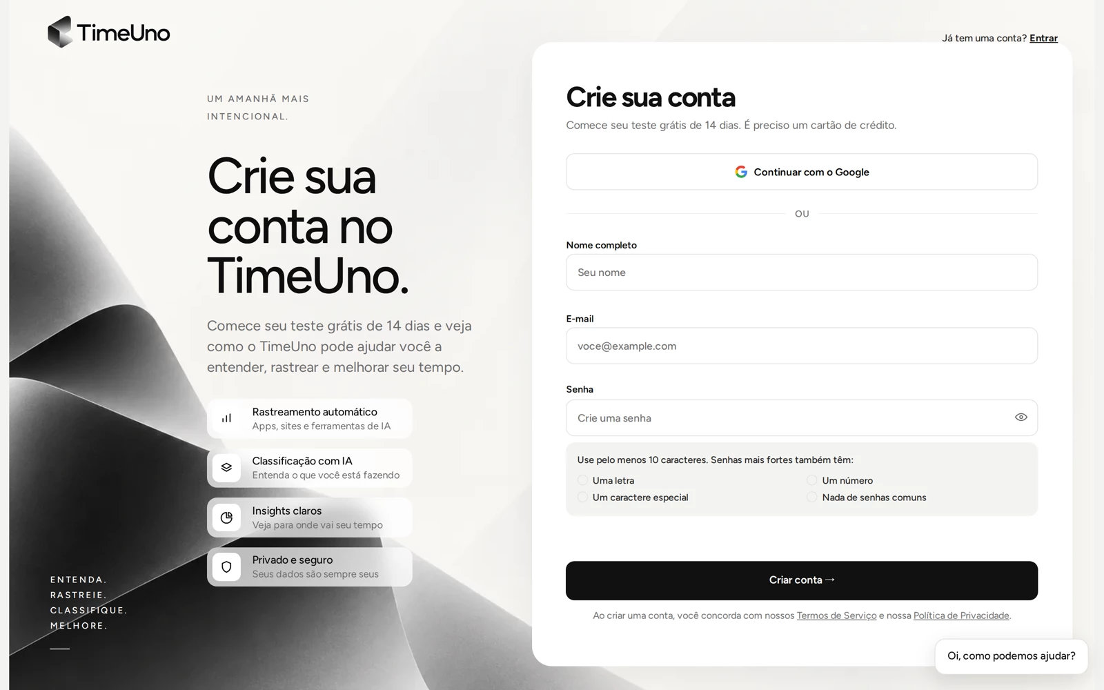A página Crie sua conta, com Continuar com o Google e os campos de nome, e-mail e senha