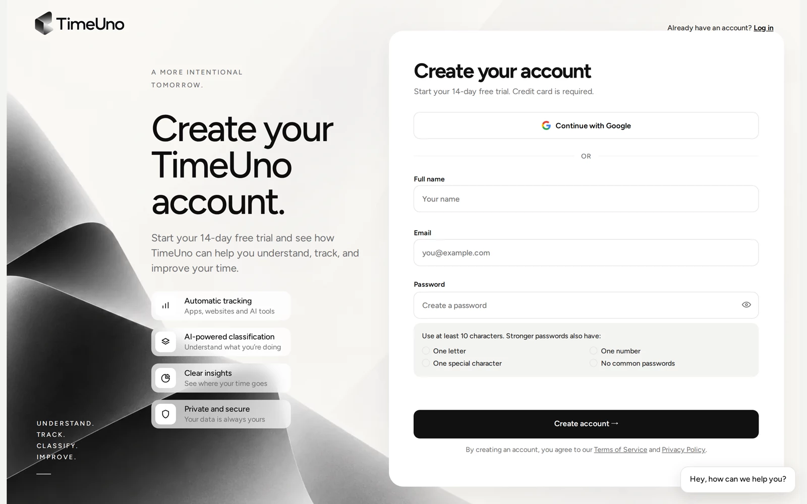 The Create your account page, with Continue with Google, name, email and password fields