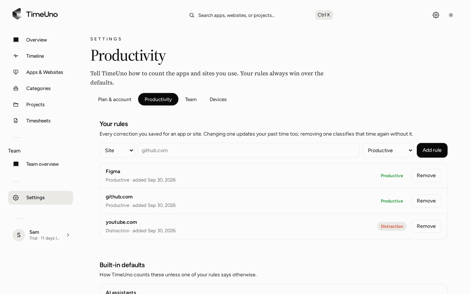 Settings, Productivity: your rules for Figma, github.com and youtube.com, with Add rule