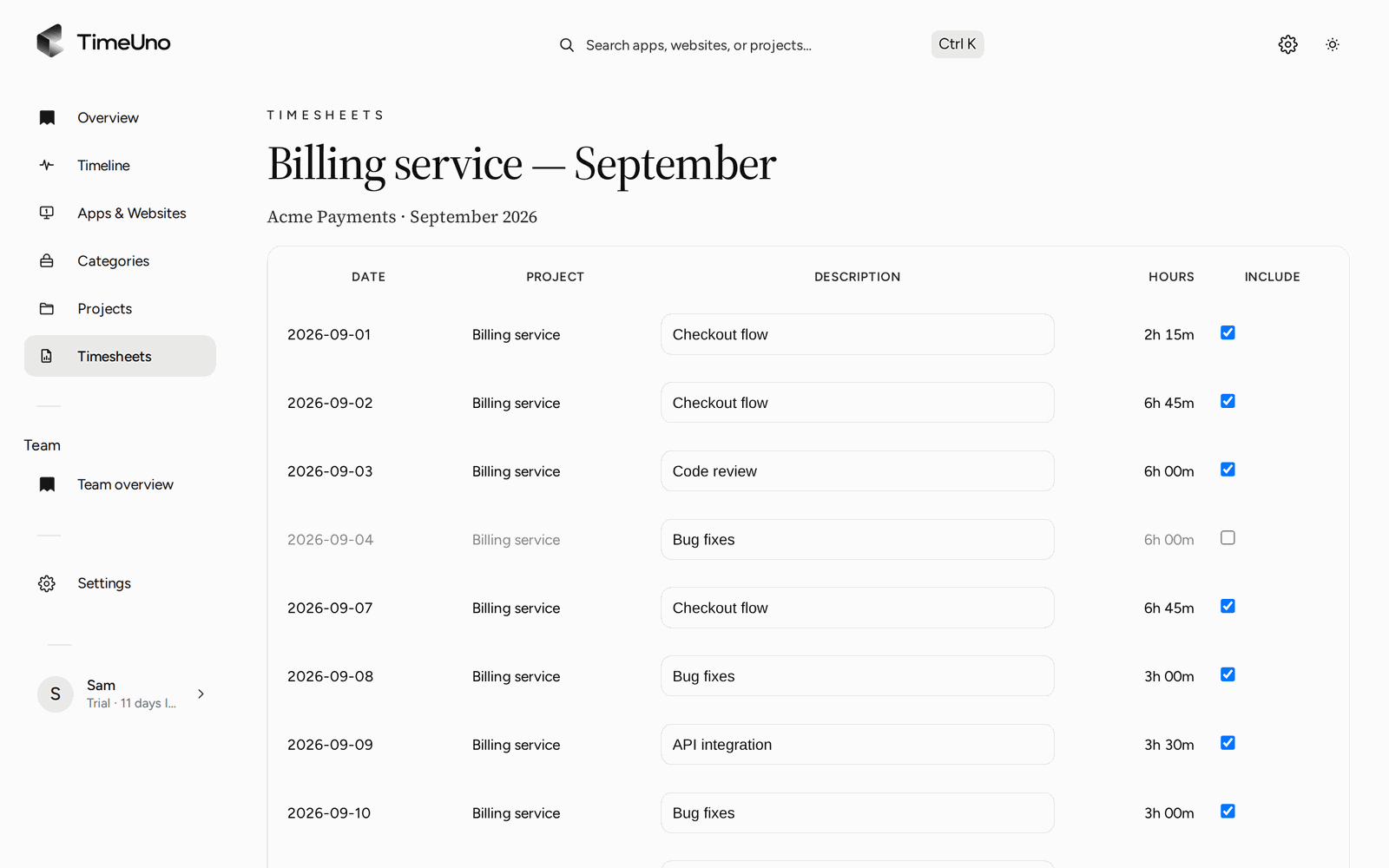 A TimeUno timesheet with a line per day, editable descriptions, hours and Include checkboxes, ready to export as CSV