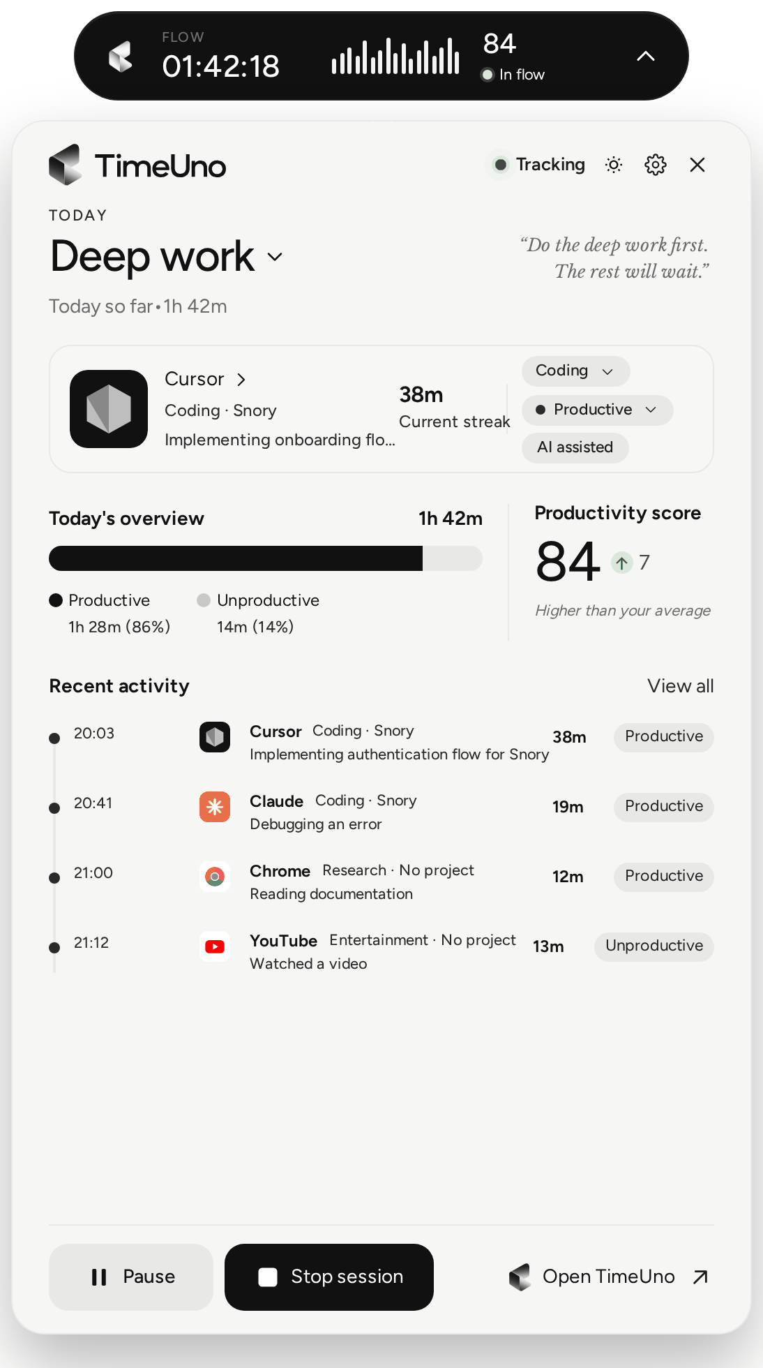 The widget panel: the current app with its category and verdict, today's overview, productivity score 84, recent activity, and Pause, Stop session and Open TimeUno