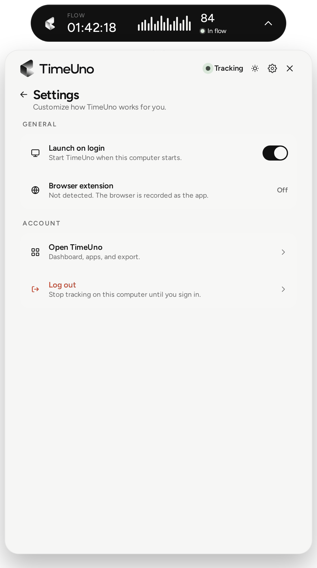 The widget's Settings: Launch on login, browser extension status, Open TimeUno and Log out